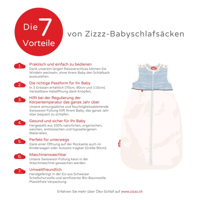Bio-Babyschlafsack Blue Stripes / Aus Bio-Baumwolle & Swisswool / 70 cm, 90 cm, 110 cm